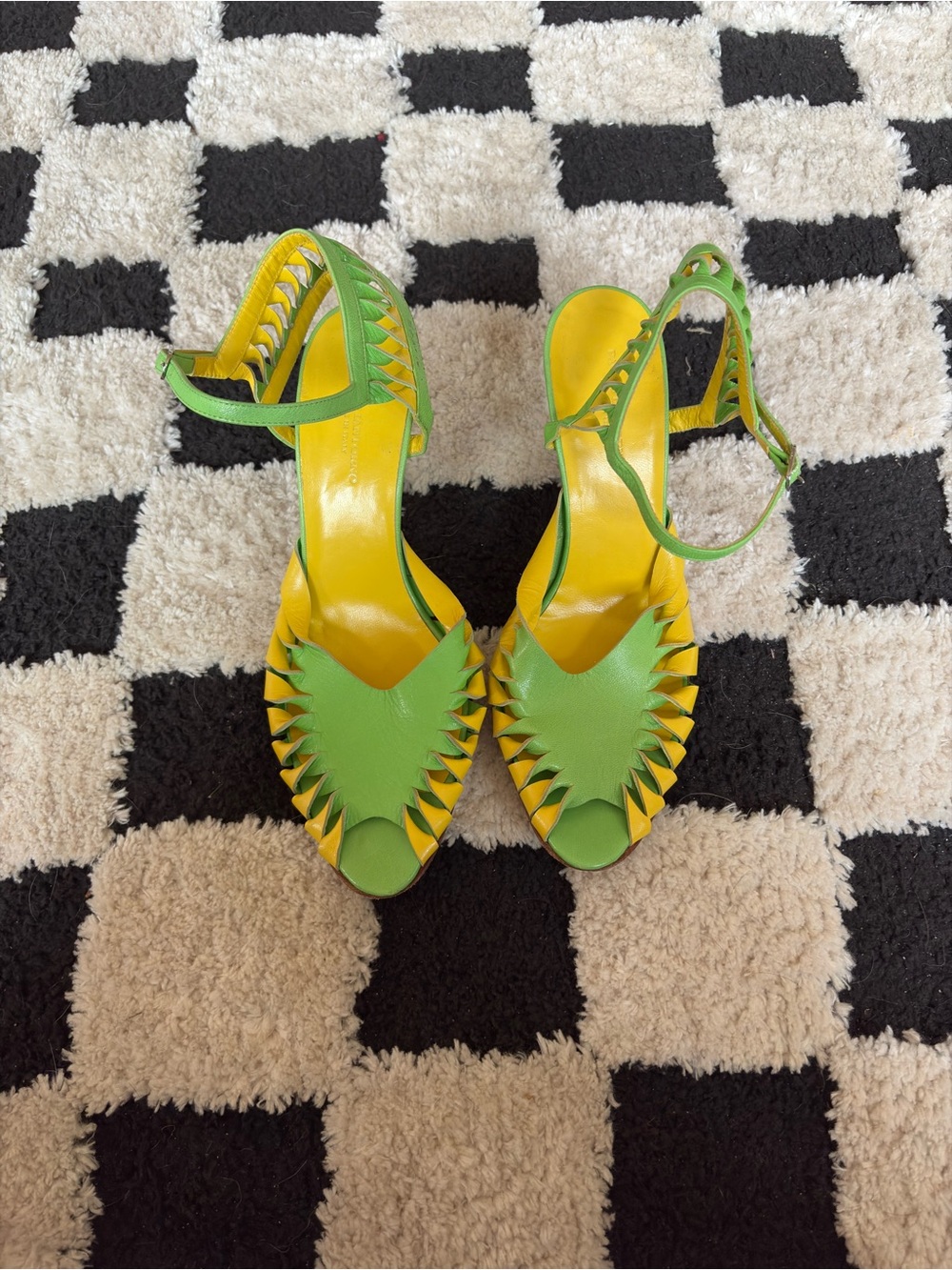 Green and Yellow Peep-Toe Ankle-Strap Heels